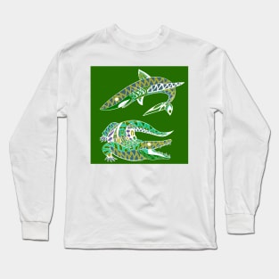 shark and the crocodile wild animals in swamp and shore pattern art Long Sleeve T-Shirt